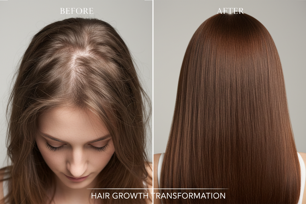 Avant et après une cure pour la pousse de cheveux, je veux sur la première des trous dans les cheveux et dans l’autre des cheveux soyeux