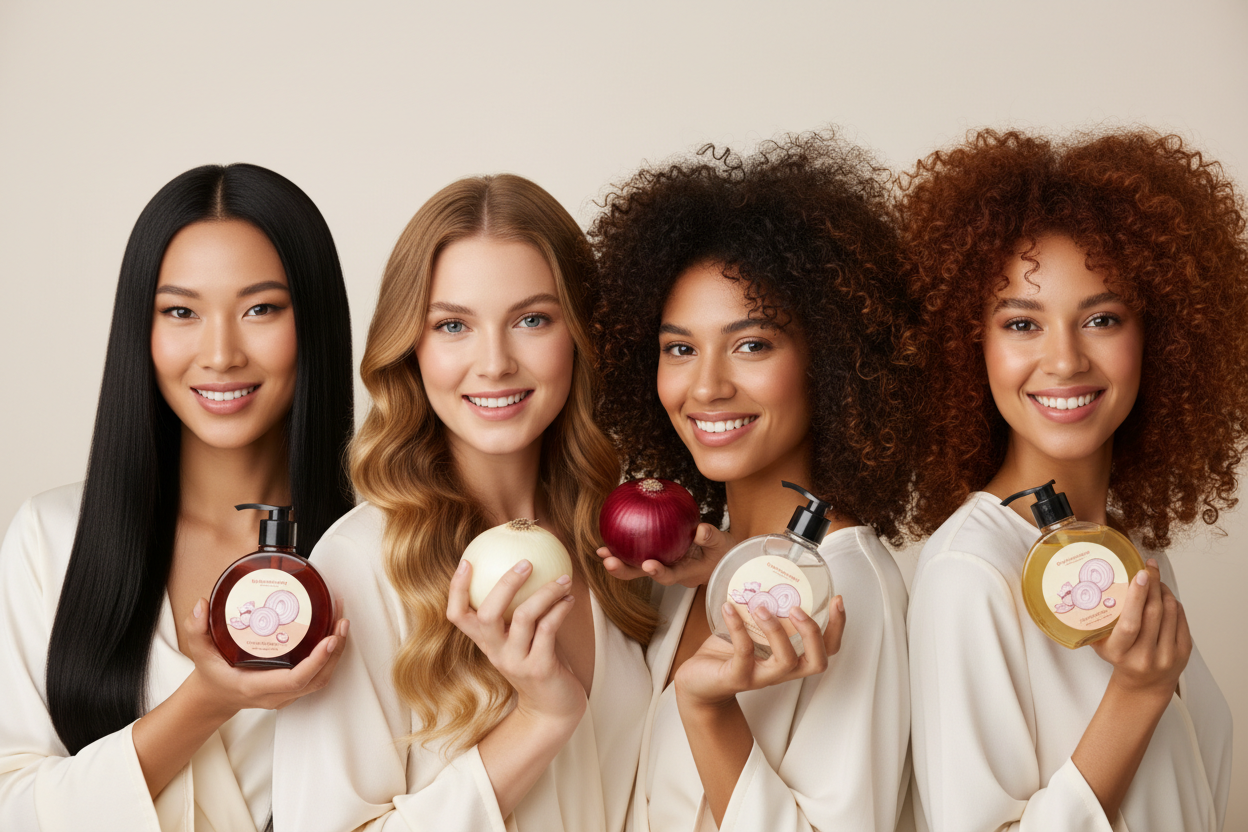 Plusieurs filles avec plusieurs cheveux différents, qui tiennent un oignon et un shampooing à l’oignon flacon rond avec une image d’oignons